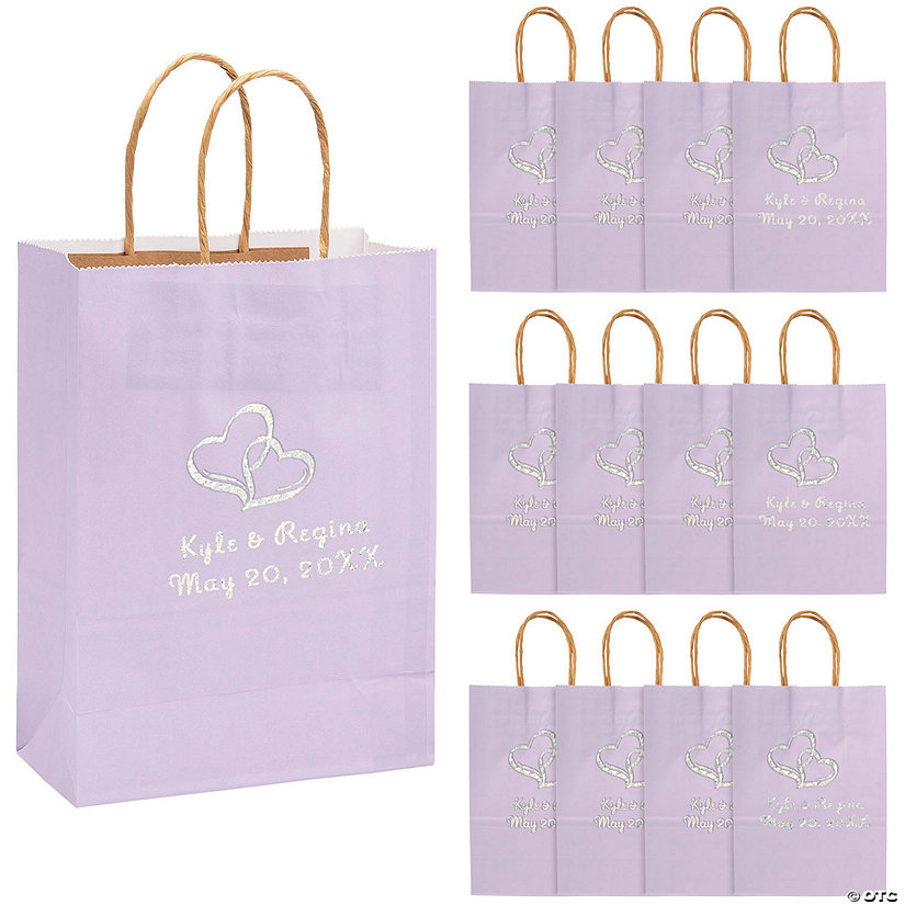 6 1/2" x 9" Medium Personalized Two Hearts Lilac Kraft Paper Gift Bags with Silver Foil - 12 Pc. Image Thumbnail