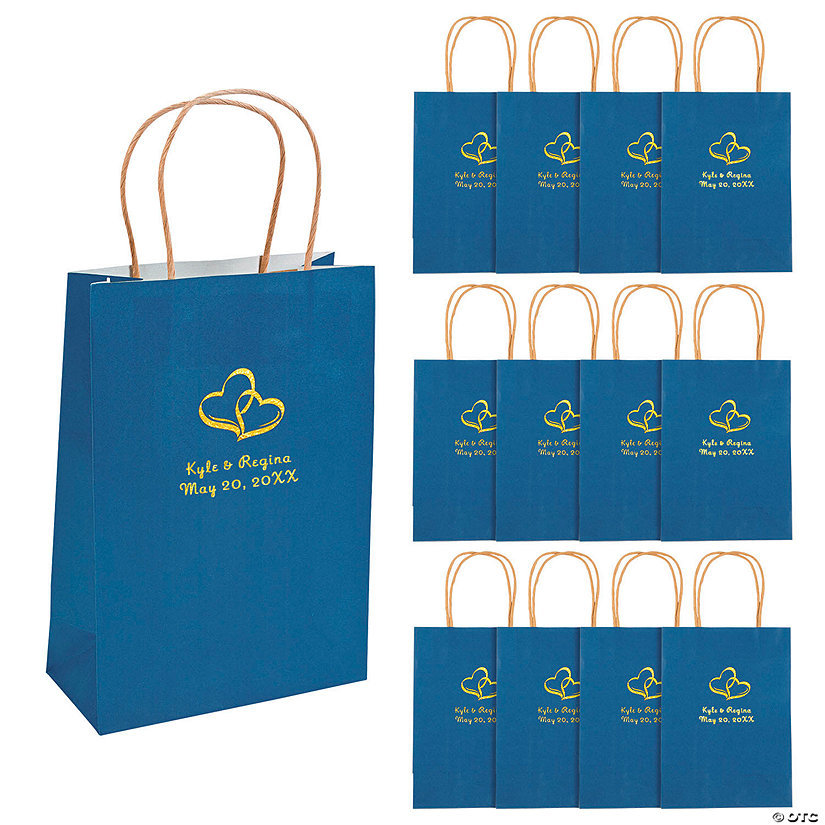 6 1/2" x 9" Medium Personalized Two Hearts Navy Blue Kraft Paper Gift Bags with Gold Foil - 12 Pc. Image Thumbnail
