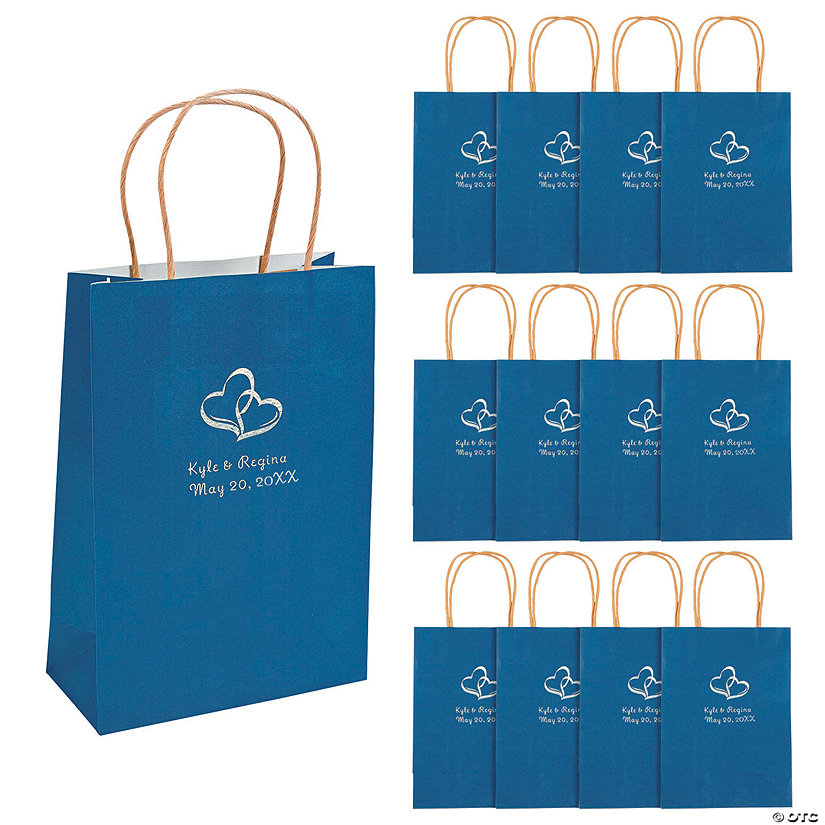 6 1/2" x 9" Medium Personalized Two Hearts Navy Blue Kraft Paper Gift Bags with Silver Foil - 12 Pc. Image Thumbnail