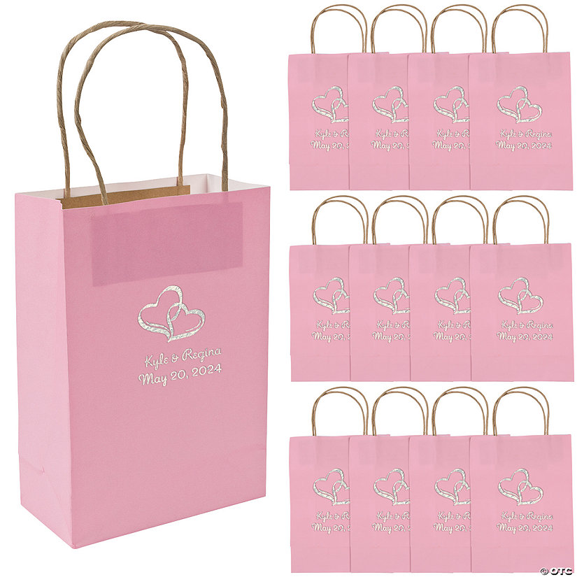 6 1/2" x 9" Medium Personalized Two Hearts Pink Kraft Paper Gift Bags with Silver Foil - 12 Pc. Image Thumbnail