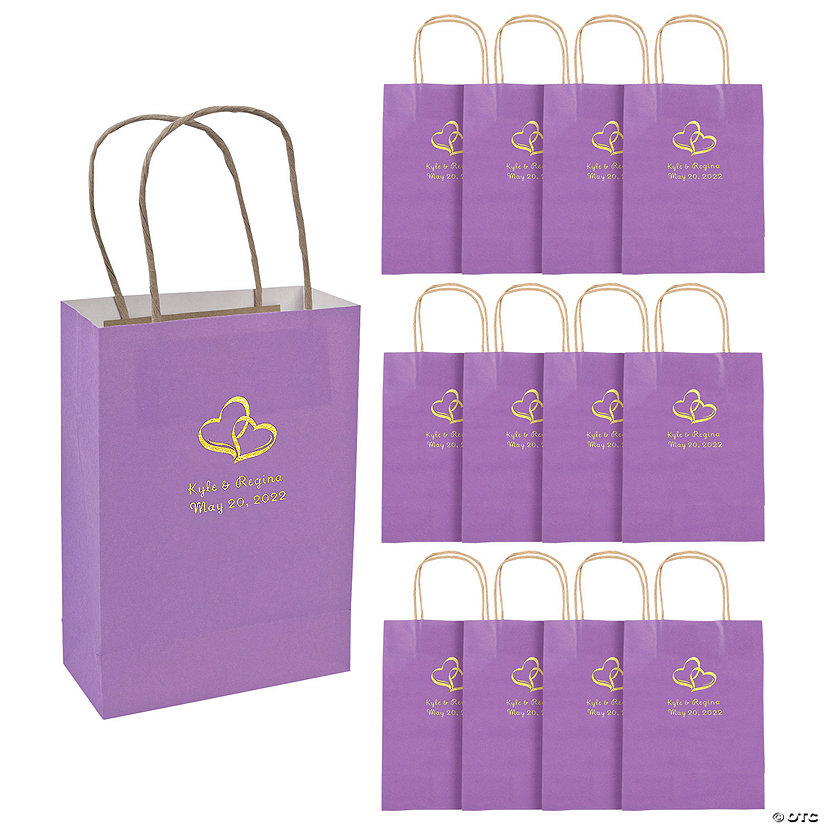 6 1/2" x 9" Medium Personalized Two Hearts Purple Kraft Paper Gift Bags with Gold Foil - 12 Pc. Image Thumbnail