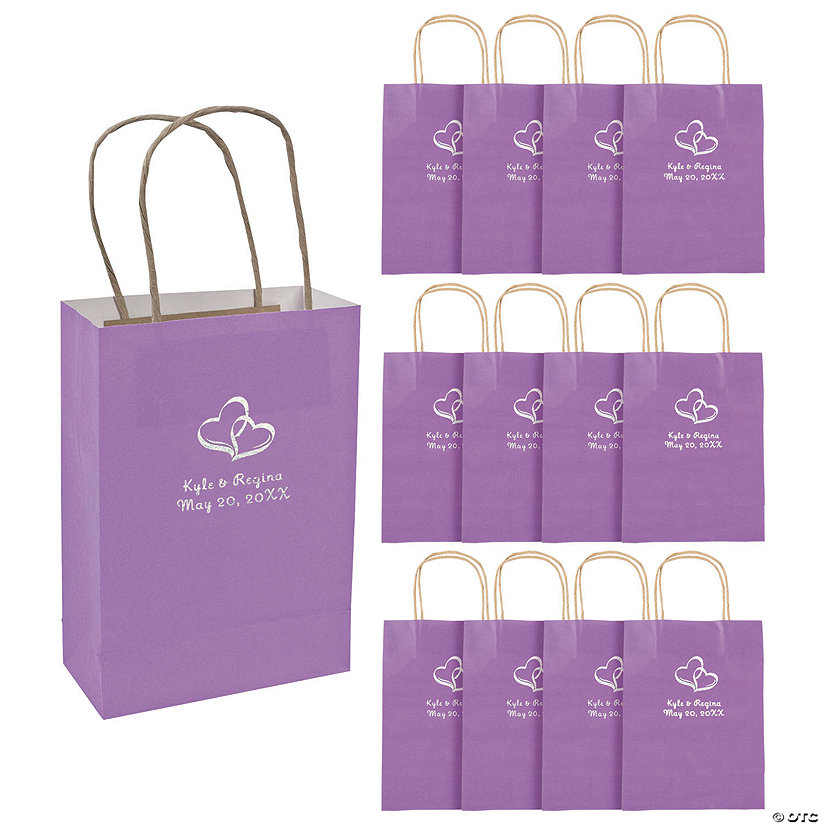 6 1/2" x 9" Medium Personalized Two Hearts Purple Kraft Paper Gift Bags with Silver Foil - 12 Pc. Image Thumbnail