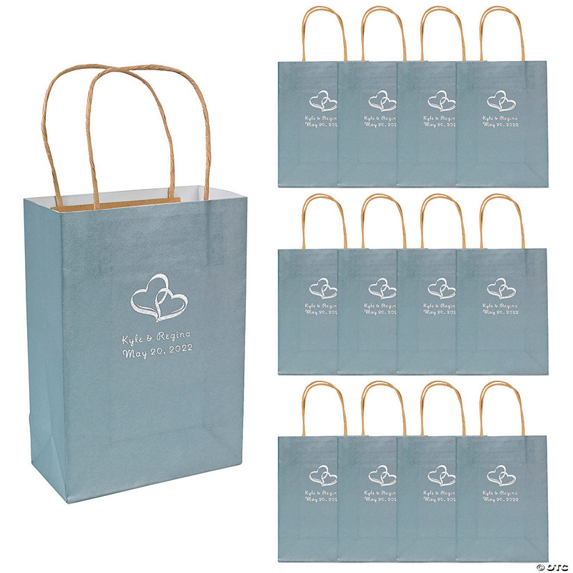 6 1/2" x 9" Medium Personalized Two Hearts Silver Kraft Paper Gift Bags with Silver Foil - 12 Pc. Image Thumbnail