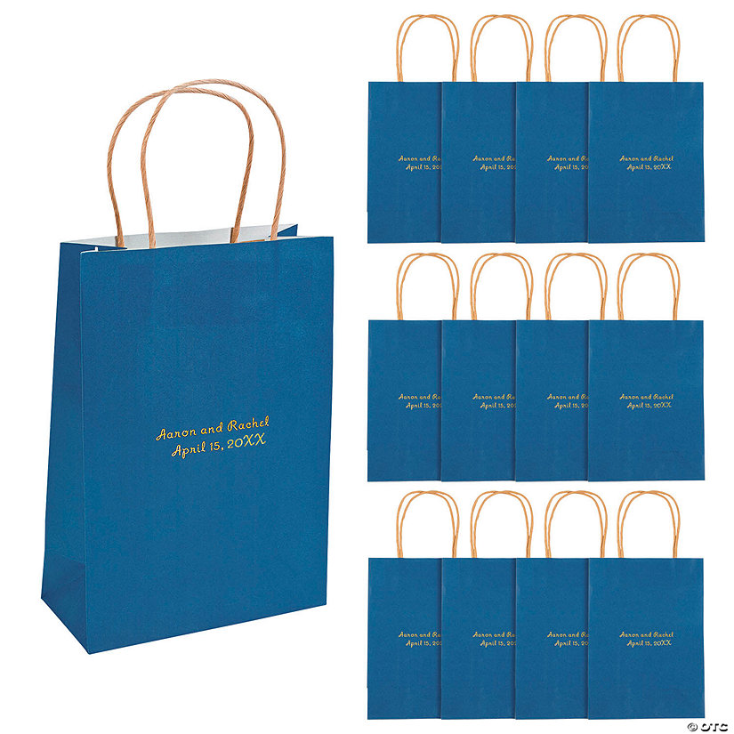6 1/2" x 9" Navy Blue Medium Personalized Kraft Paper Gift Bags with Gold Foil - 12 Pc. Image