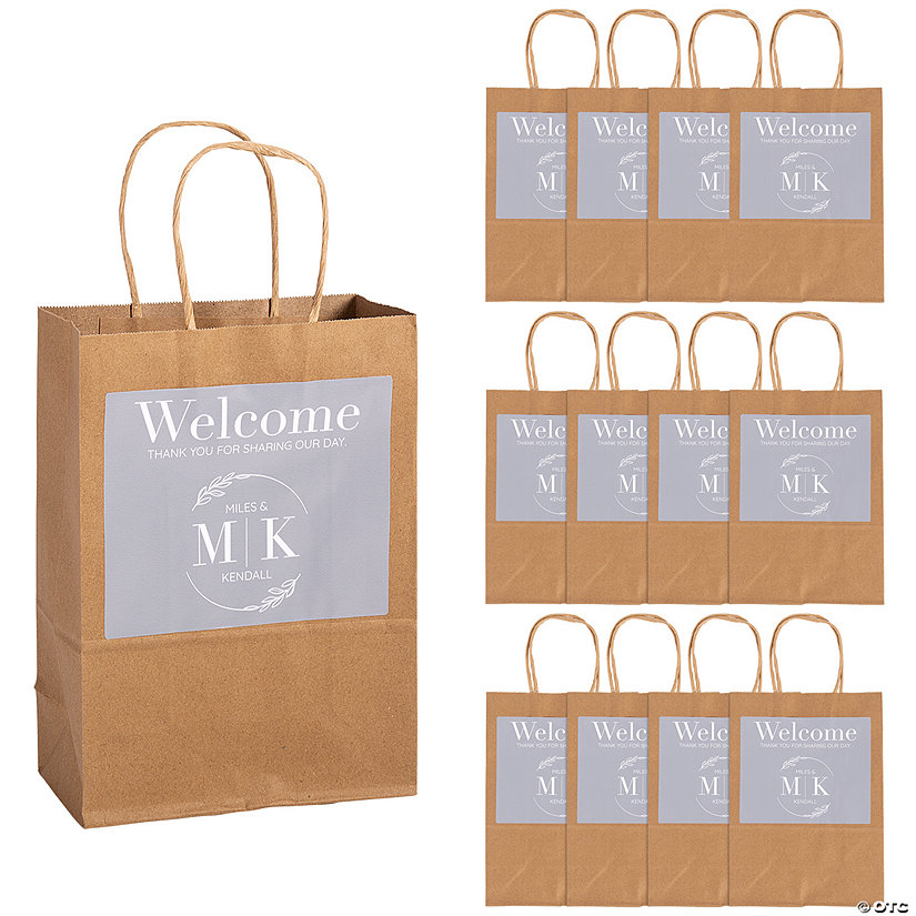 6 1/2" x 9" Personalized Medium Names & Initials Wedding Welcome Kraft Paper Gift Bags - 12 Pc. Image