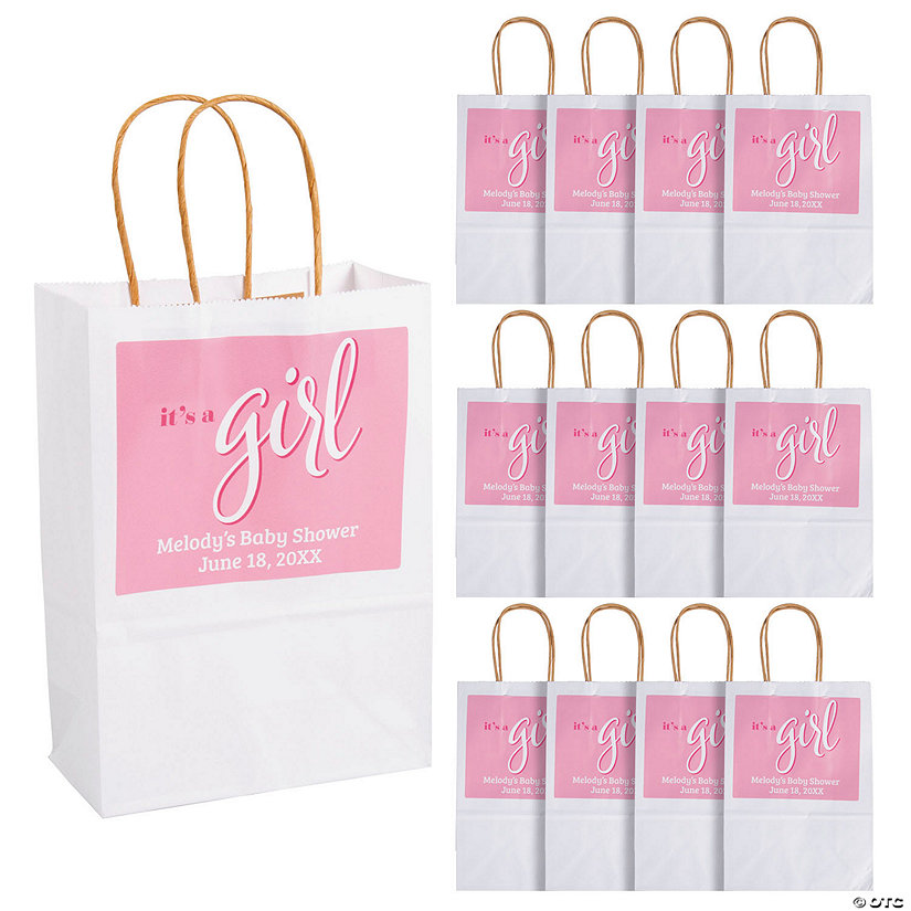 6 1/2" x 9" Personalized Medium Pink It&#8217;s a Girl Baby Shower Paper Gift Bags - 12 Pc. Image Thumbnail