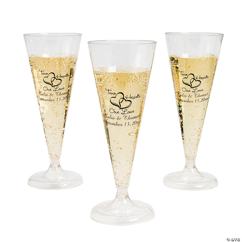 6 oz. Two Hearts Personalized Disposable Plastic Champagne Flutes - 25 Ct. Image Thumbnail