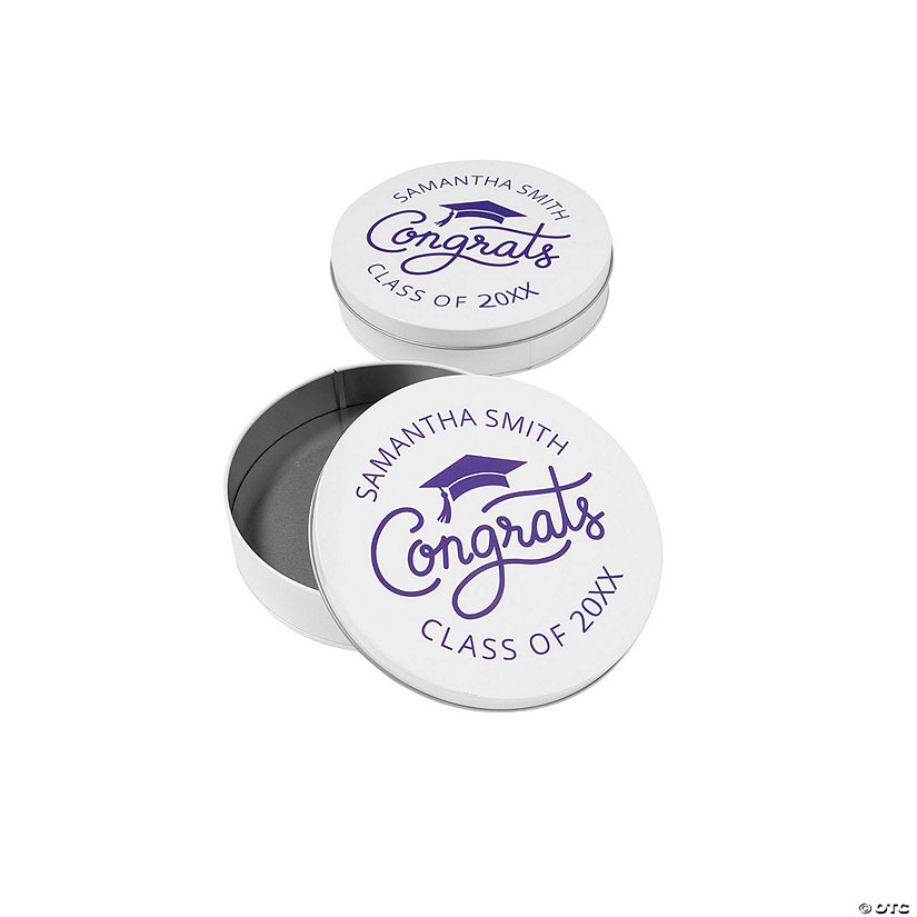6" Personalized Large Graduation White Round Metal Favor Tins - 12 Pc. Image Thumbnail