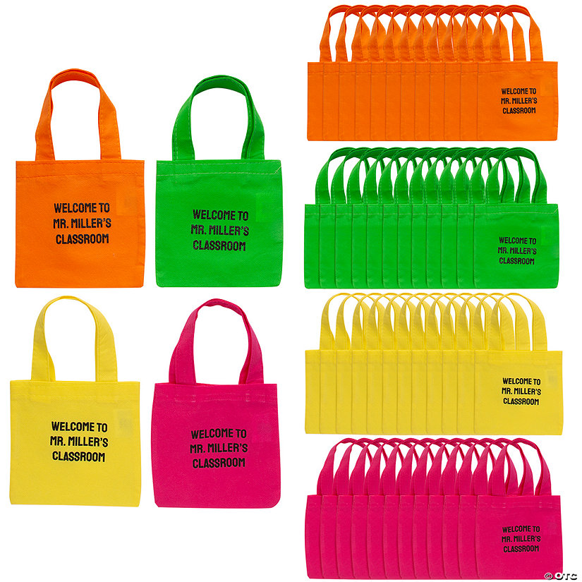 6" x 6" Bulk 48 Pc. Personalized Mini Neon Nonwoven Tote Bags Image