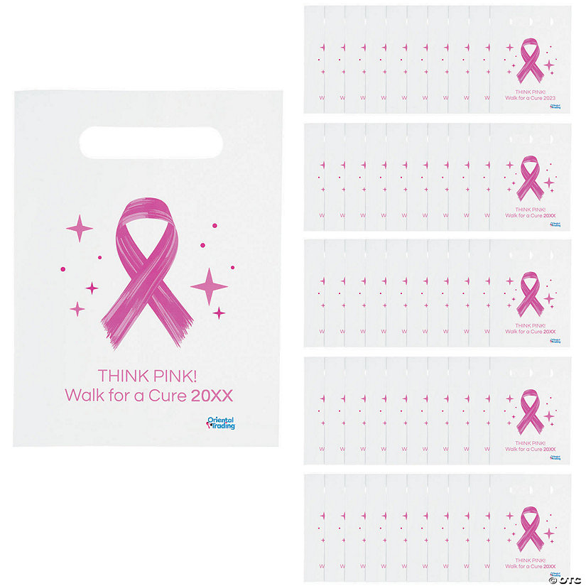7 1/2" x 9 3/4" Bulk 50 Pc. Personalized Pink Ribbon Paper Bags Image Thumbnail