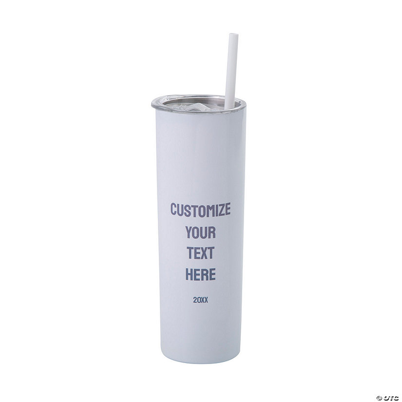8 1/2" 20 oz. Personalized White Reusable Stainless Steel Tumbler with Lid & Straw Image