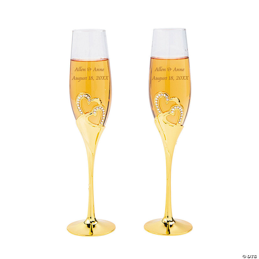 8 oz. Personalized Gold Stacked Heart Premium Reusable Glass Wedding Flutes - 2 Ct. Image Thumbnail