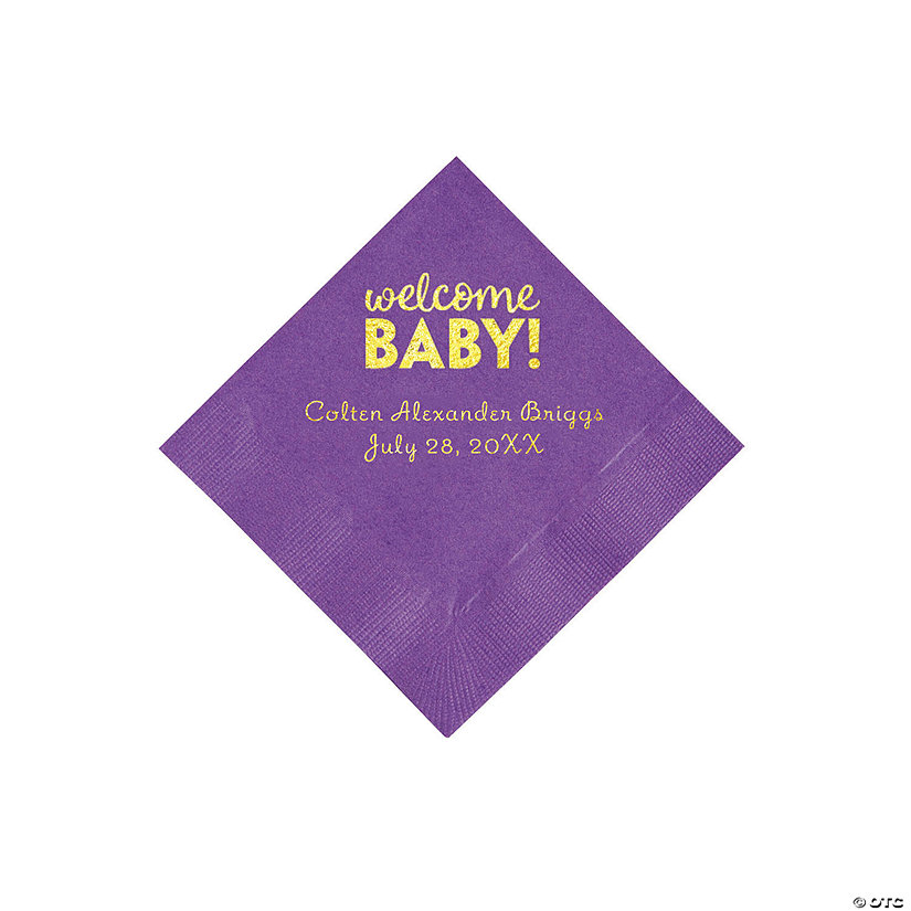 Amethyst Welcome Baby Personalized Napkins with Gold Foil - 50 Pc. Beverage Image Thumbnail