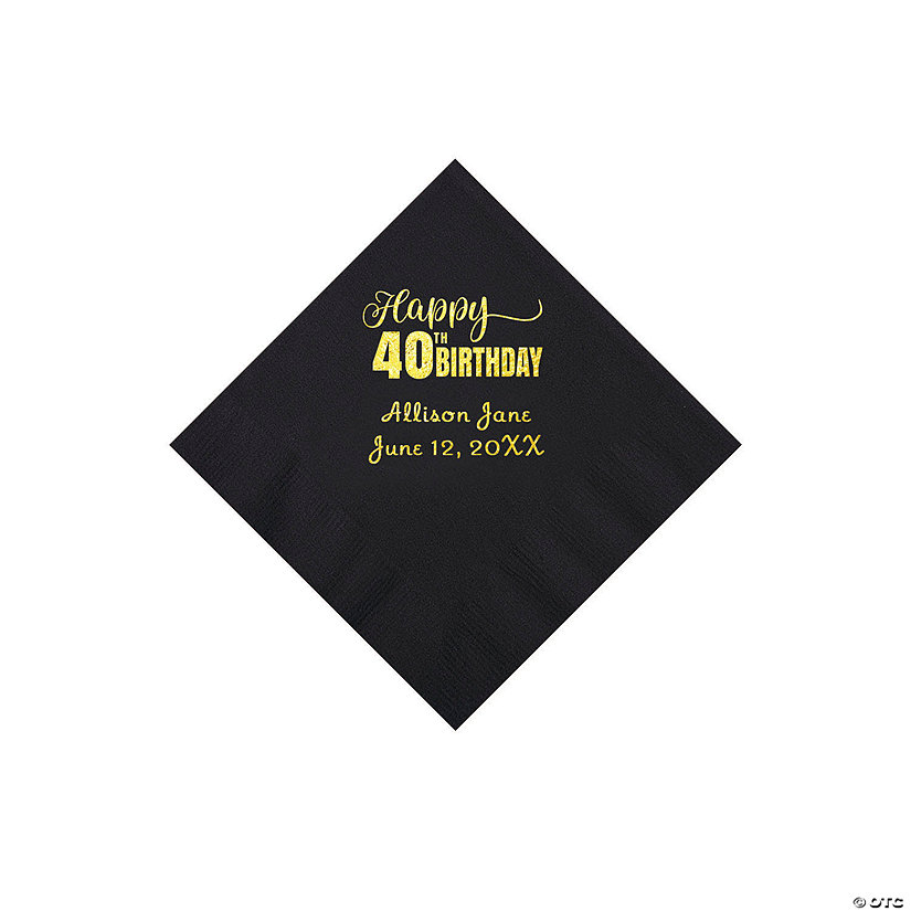 Black 40th Birthday Personalized Napkins with Gold Foil - 50 Pc. Beverage Image