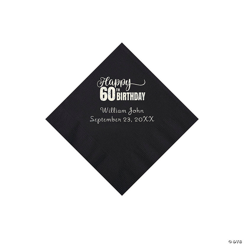 Black 60th Birthday Personalized Napkins with Silver Foil - 50 Pc. Beverage Image