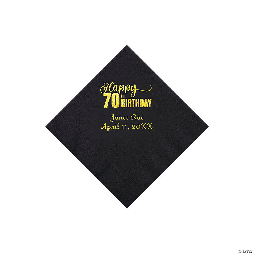Black 70th Birthday Personalized Napkins with Gold Foil - 50 Pc. Beverage Image