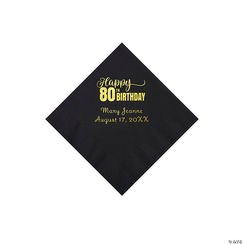Black 80th Birthday Personalized Napkins with Gold Foil - 50 Pc. Beverage Image