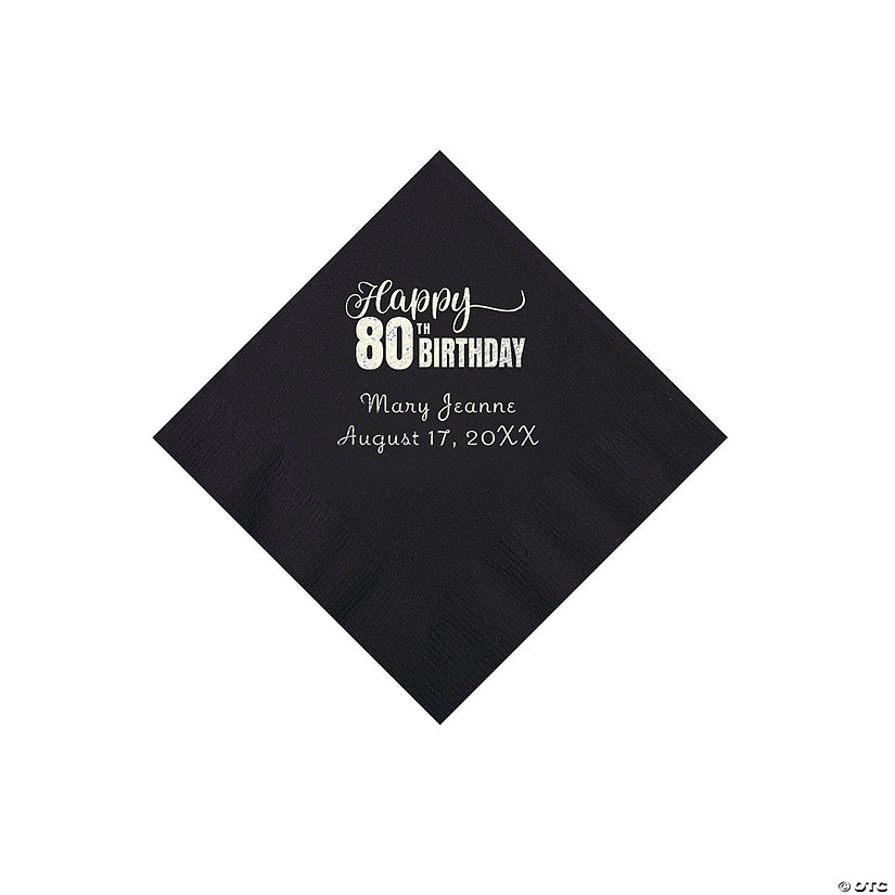 Black 80th Birthday Personalized Napkins with Silver Foil - 50 Pc. Beverage Image