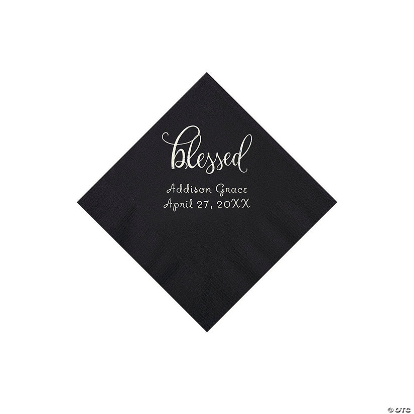 Black Blessed Personalized Napkins with Silver Foil - 50 Pc. Beverage Image