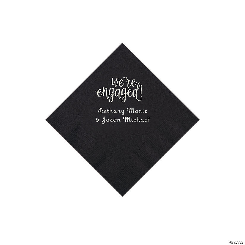 Black Engaged Personalized Napkins with Silver Foil - Beverage Image