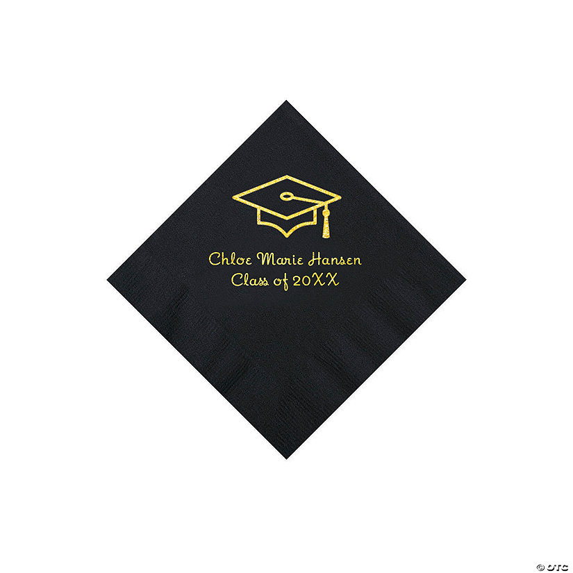 Black Grad Mortarboard Personalized Napkins with Gold Foil - 50 Pc. Beverage Image Thumbnail