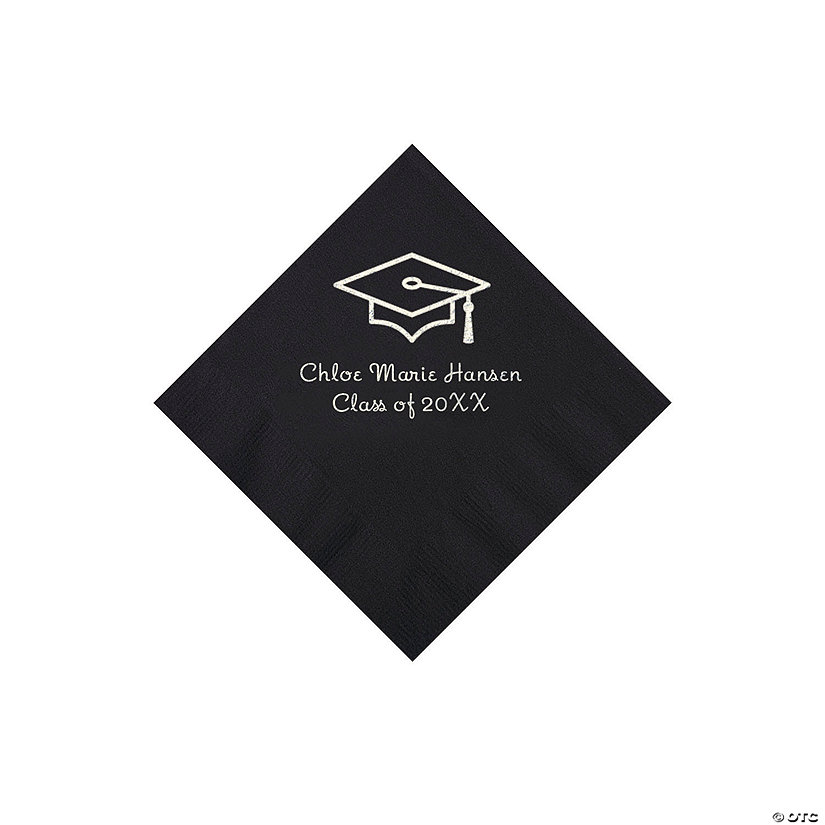 Black Grad Mortarboard Personalized Napkins with Silver Foil - 50 Pc. Beverage Image Thumbnail
