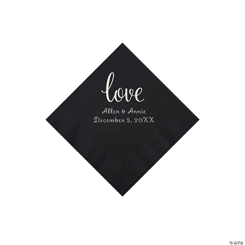 Black Love Script Personalized Napkins with Silver Foil - Beverage Image Thumbnail