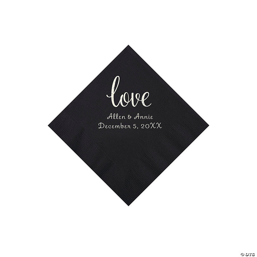 Black Love Script Personalized Napkins with Silver Foil - Beverage Image