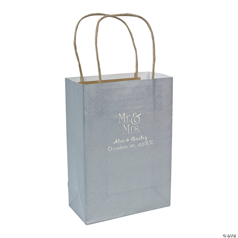 Black Medium Mr. & Mrs. Personalized Kraft Paper Gift Bags with Silver Foil - 12 Pc. Image