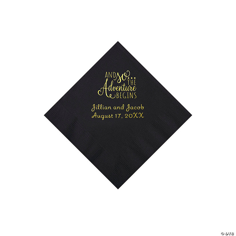 Black The Adventure Begins Personalized Napkins with Gold Foil - Beverage Image Thumbnail