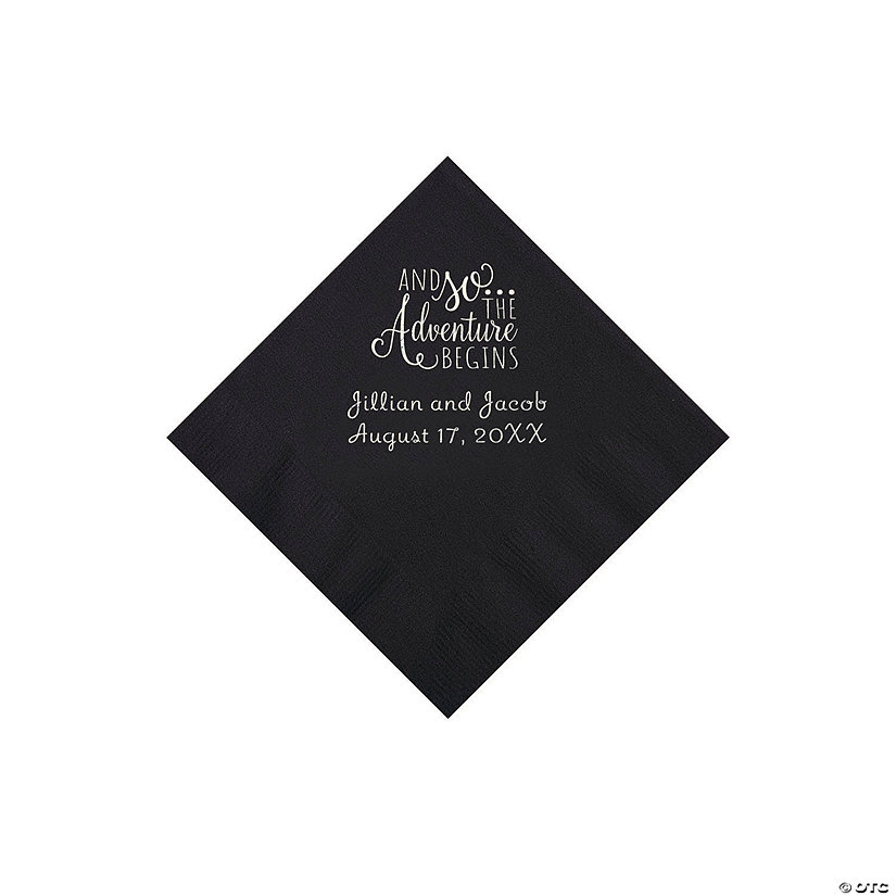 Black The Adventure Begins Personalized Napkins with Silver Foil - Beverage Image Thumbnail