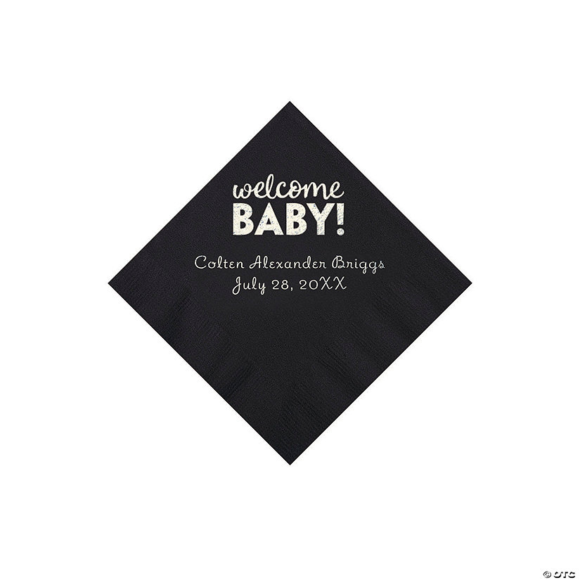 Black Welcome Baby Personalized Napkins with Silver Foil - 50 Pc. Beverage Image Thumbnail