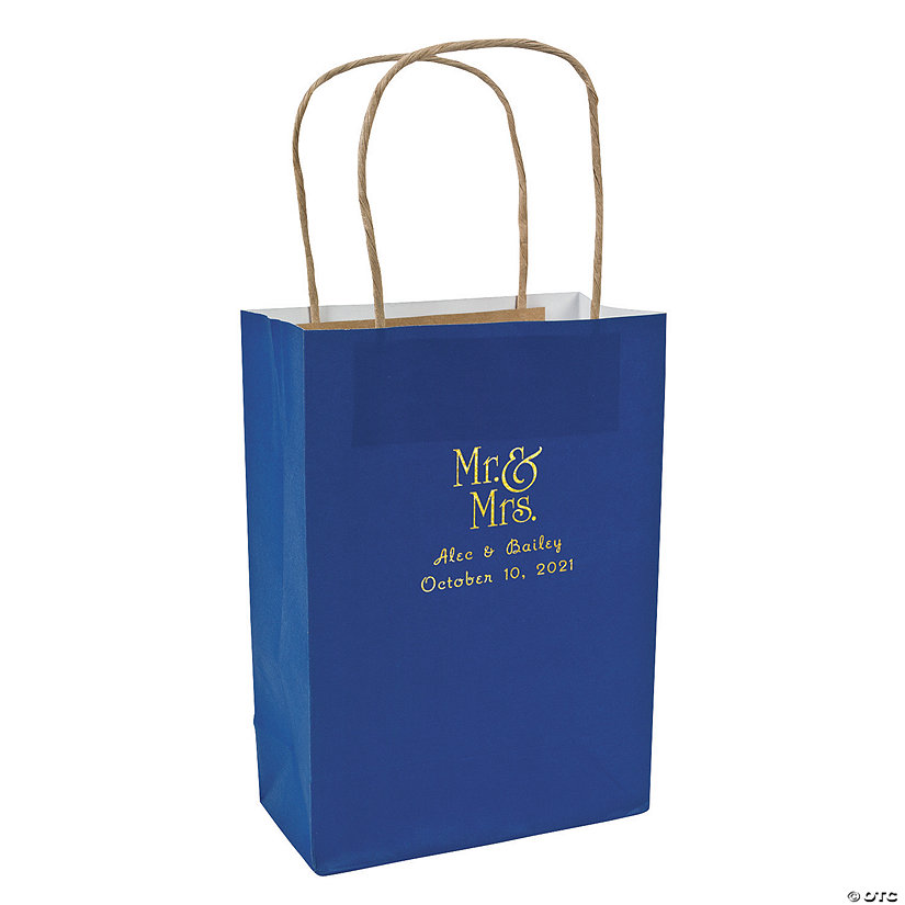 Blue Medium Mr. & Mrs. Personalized Kraft Paper Gift Bags with Gold Foil - 12 Pc. Image Thumbnail