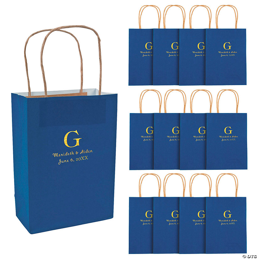 Blue Medium Personalized Monogram Welcome Paper Gift Bags with Gold Foil - 12 Pc. Image Thumbnail