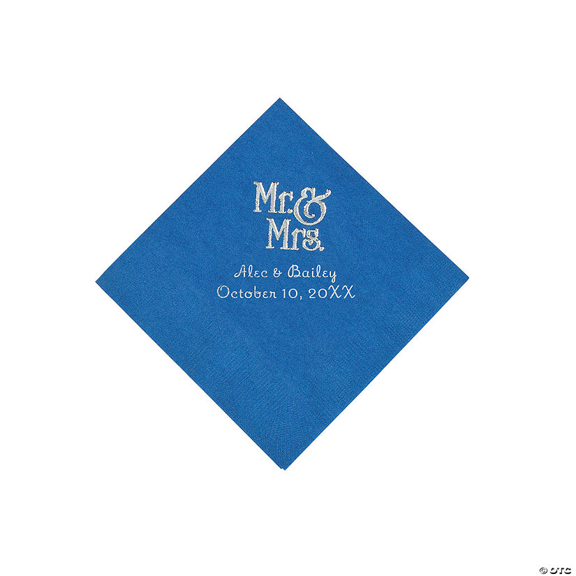 Blue Mr. & Mrs. Personalized Napkins with Silver Foil - 50 Pc. Beverage Image