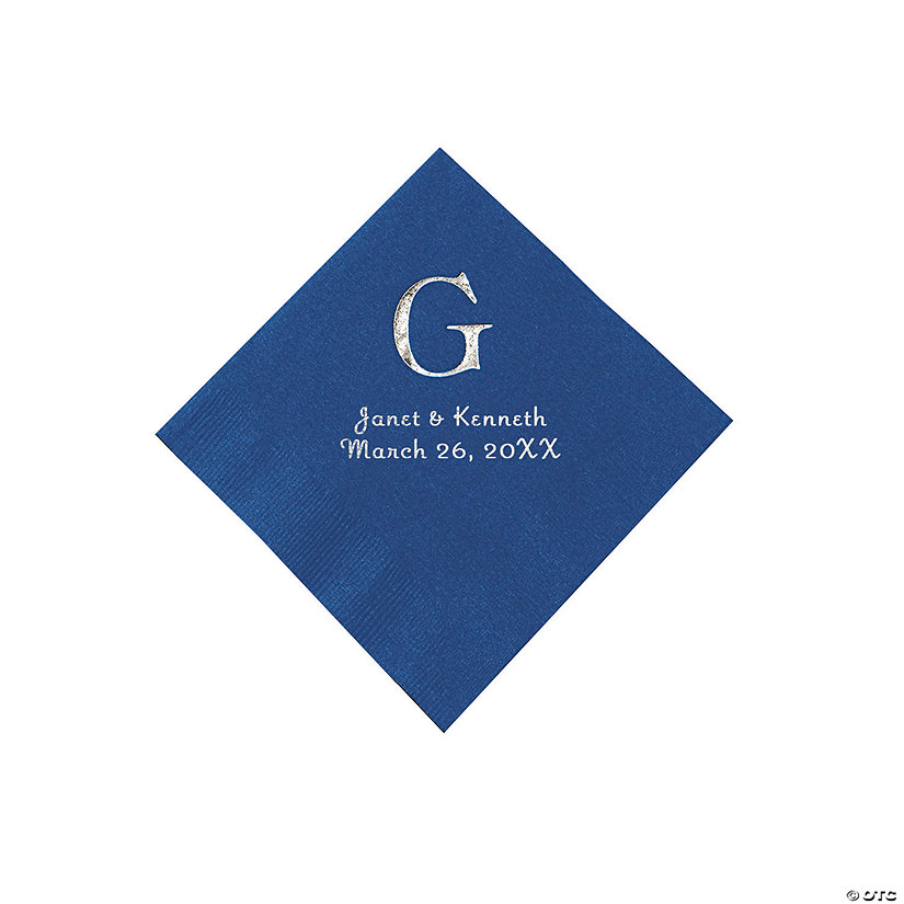 Blue Wedding Monogram Personalized Napkins with Silver Foil - Beverage Image Thumbnail