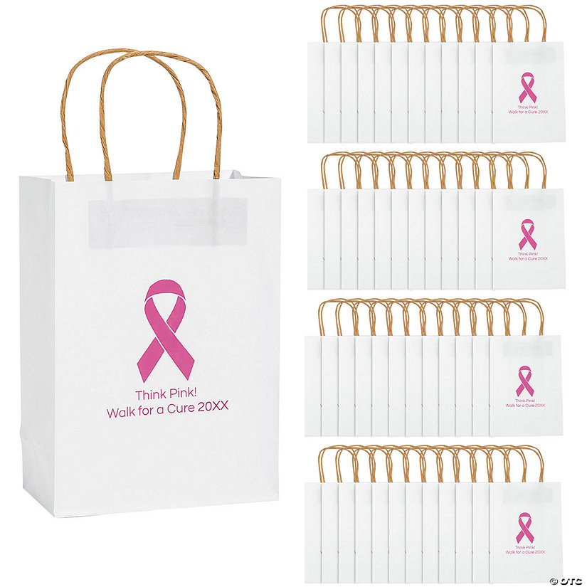 Bulk 48 Pc. Personalized Pink Ribbon Gift Bags Image Thumbnail