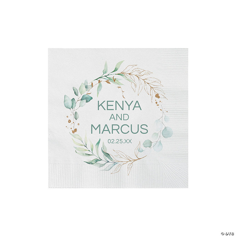 Bulk 50 Ct. Personalized Eucalyptus Wedding Print Beverage Napkins Image