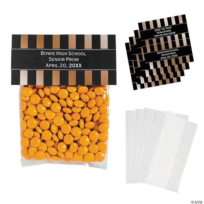 Bulk  50 Pc. DIY 4" x 5 1/2" Personalized Gold & Black Stripe Cellophane Treat Bags Image Thumbnail
