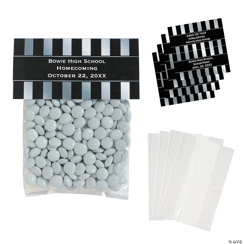 Bulk  50 pc. DIY 4" x 5 1/2" Personalized Silver & Black Stripe Cellophane Treat Bags Image Thumbnail