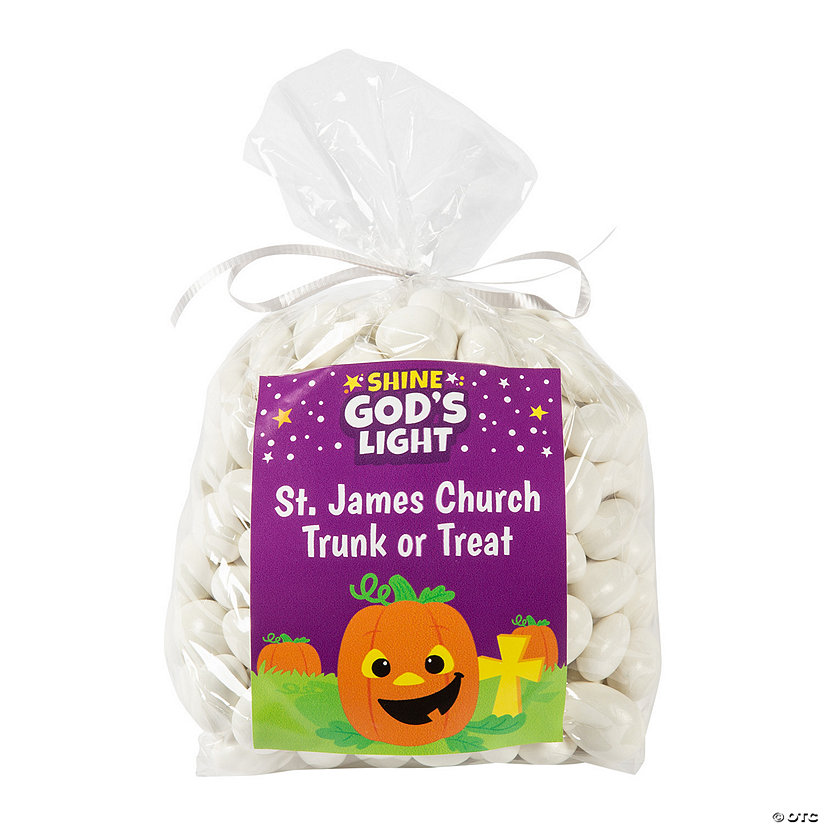 Bulk 50 Pc. Personalized Medium Religious Pumpkin Cellophane Gift Bag Kit Image