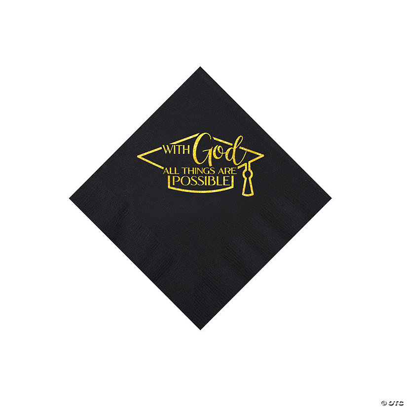 Bulk 50 Pc. Personalized Religious Graduation Party Black Beverage Napkins with Gold Foil Image