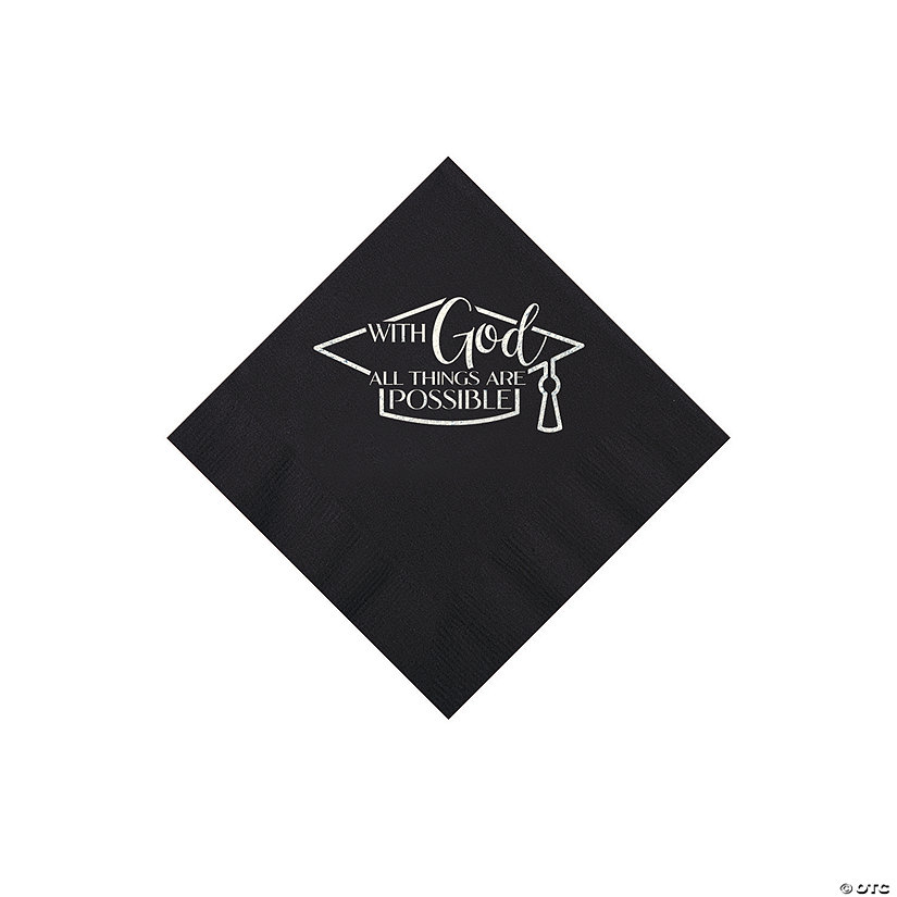 Bulk 50 Pc. Personalized Religious Graduation Party Black Beverage Napkins with Silver Foil Image
