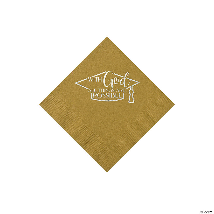 Bulk 50 Pc. Personalized Religious Graduation Party Gold Beverage Napkins with Silver Foil Image