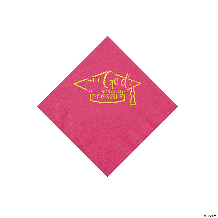 Bulk 50 Pc. Personalized Religious Graduation Party Hot Pink Beverage Napkins with Gold Foil Image