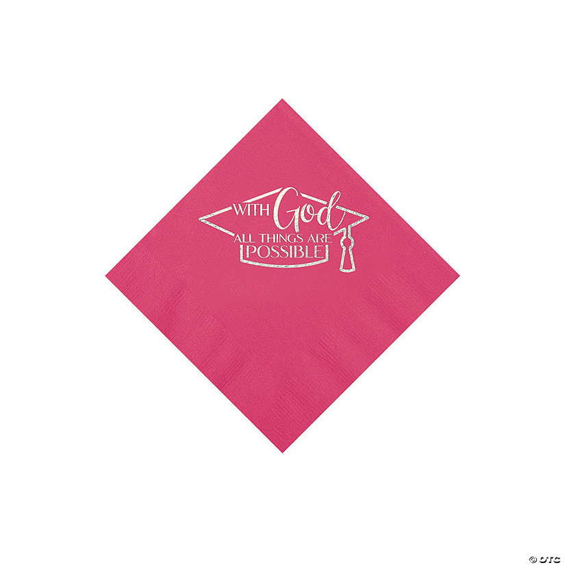 Bulk 50 Pc. Personalized Religious Graduation Party Hot Pink Beverage Napkins with Silver Foil Image