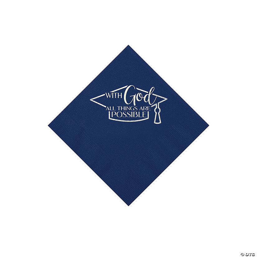 Bulk 50 Pc. Personalized Religious Graduation Party Navy Beverage Napkins with Silver Foil Image