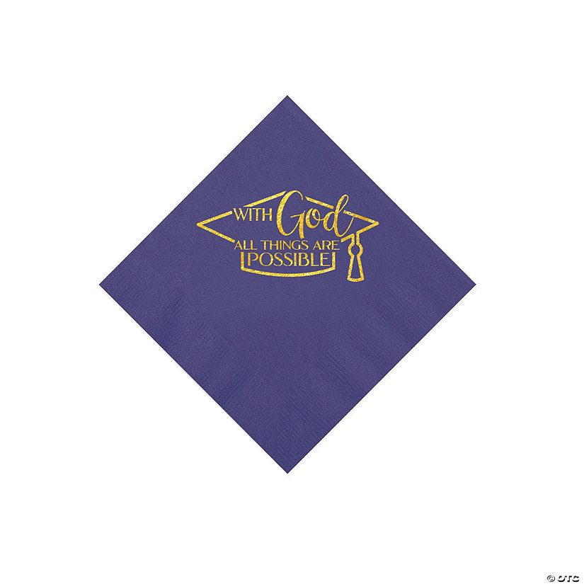 Bulk 50 Pc. Personalized Religious Graduation Party Purple Beverage Napkins with Gold Foil Image