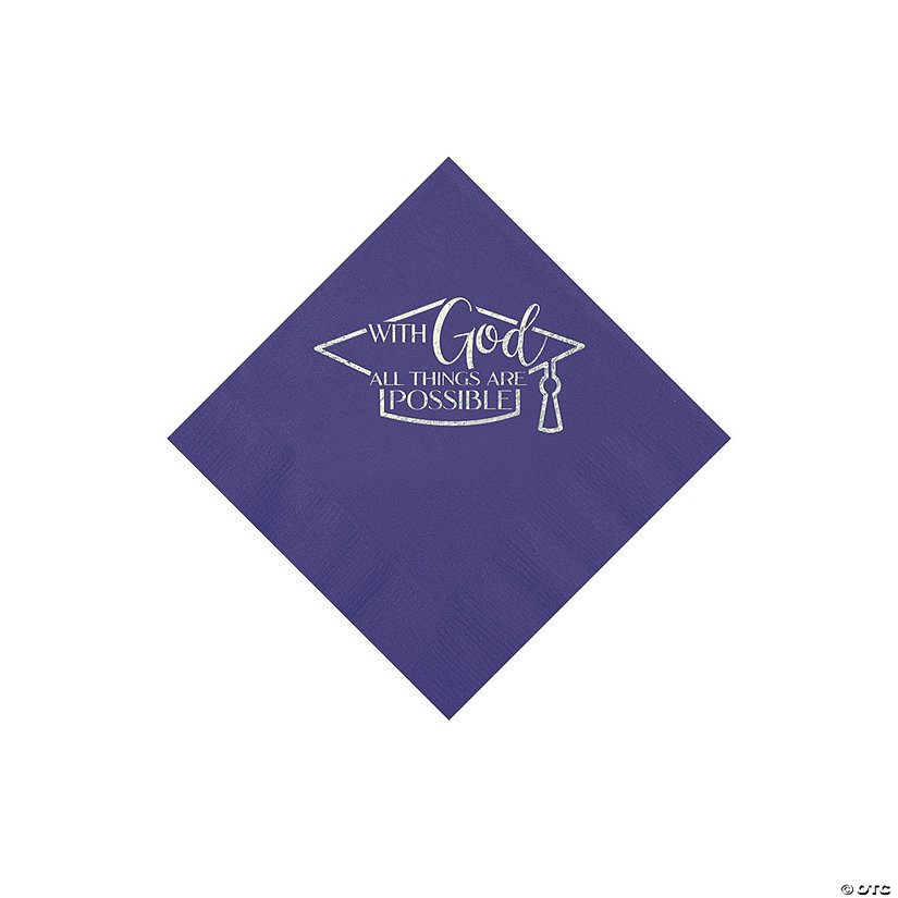 Bulk 50 Pc. Personalized Religious Graduation Party Purple Beverage Napkins with Silver Foil Image