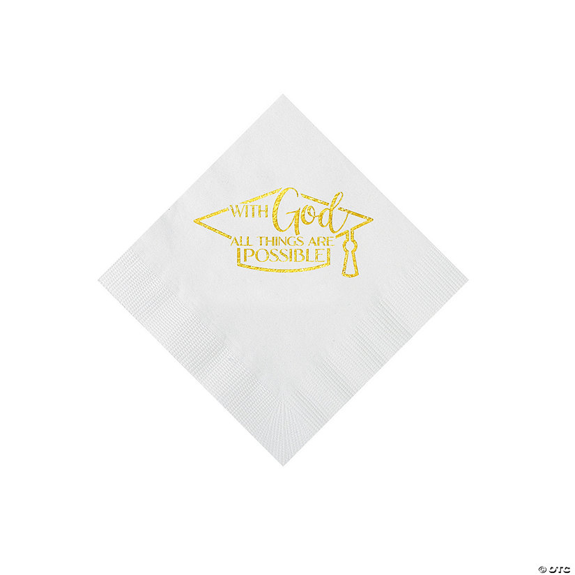 Bulk 50 Pc. Personalized Religious Graduation Party White Beverage Napkins with Gold Foil Image